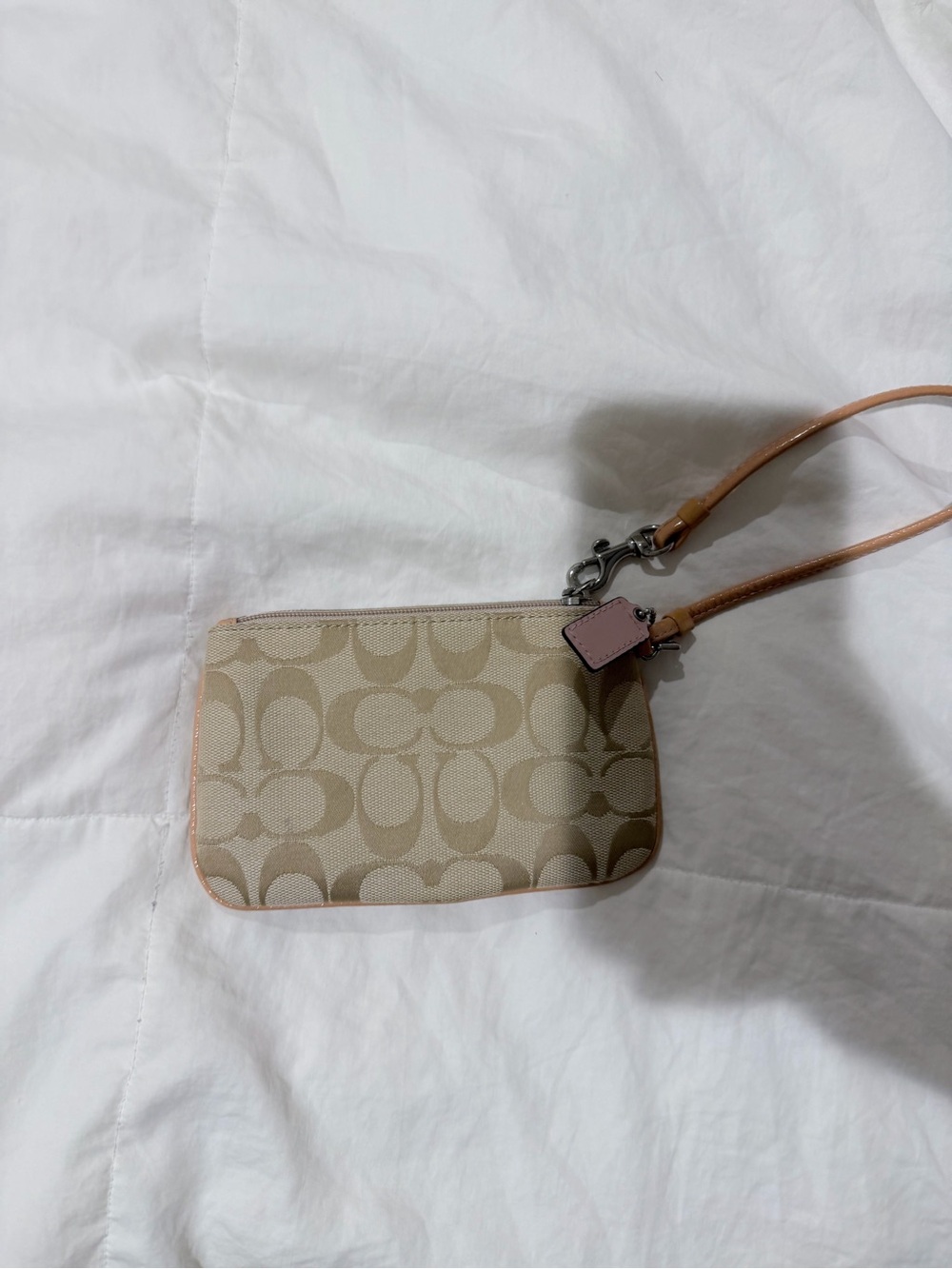 Coach Beige Signature Canvas Wristlet with Pink Tag